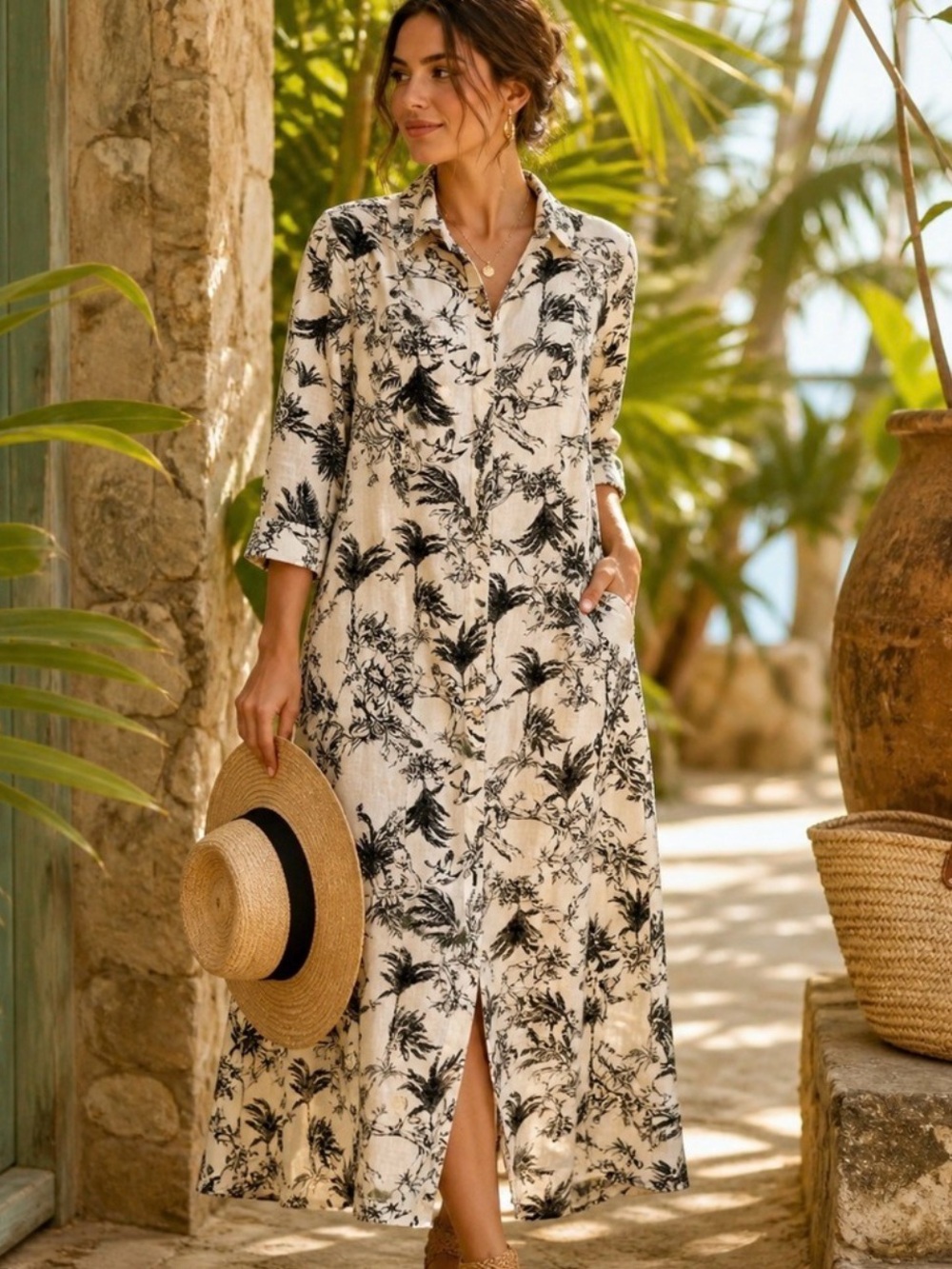 Joie Cream Maxi Shirt Dress with Black Botanical Sketch Print